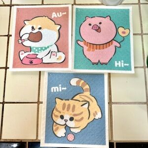 SWEDISH DISH TOWELS KITCHEN BAR MOPS SET OF 3 PET THEME CAT DOG PIGGY NEW